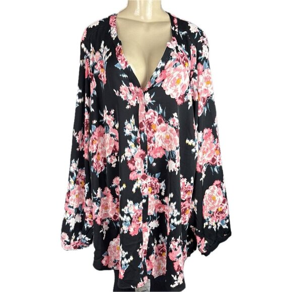 Torrid Studio +6 Black/Pink Floral Crepe De Chine Button Down Long Sleeve Blouse - Picture 2 of 6